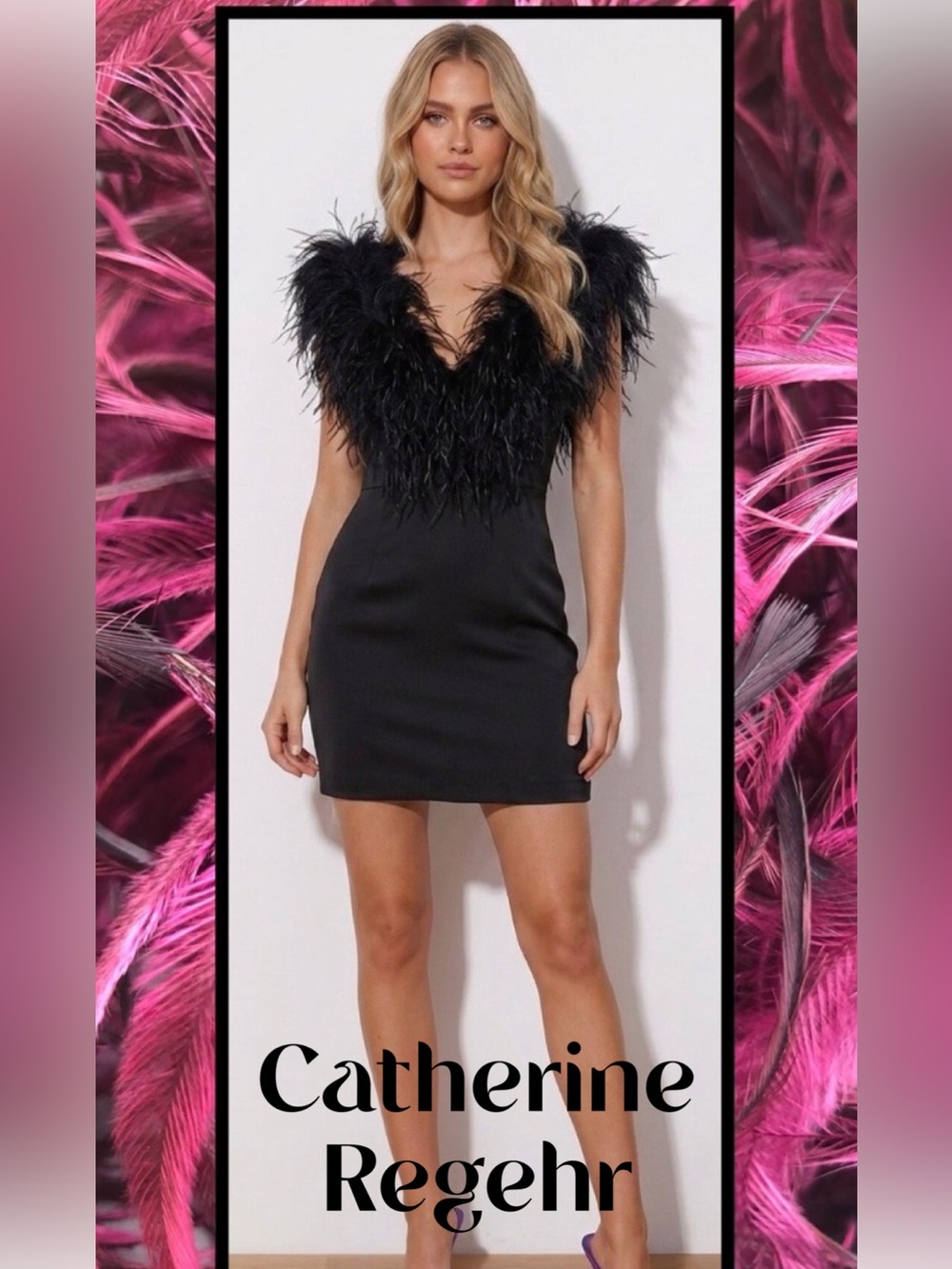 CATHERINE REGEHR Canada Black Mini Evening Cocktail Dress Marabou Feathers M